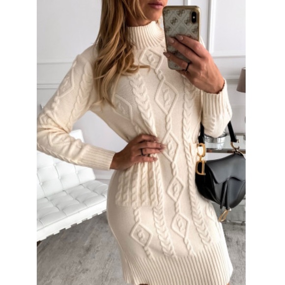 Beige High Neck Textured Bodycon Sweater Dress - Picture 2 of 14